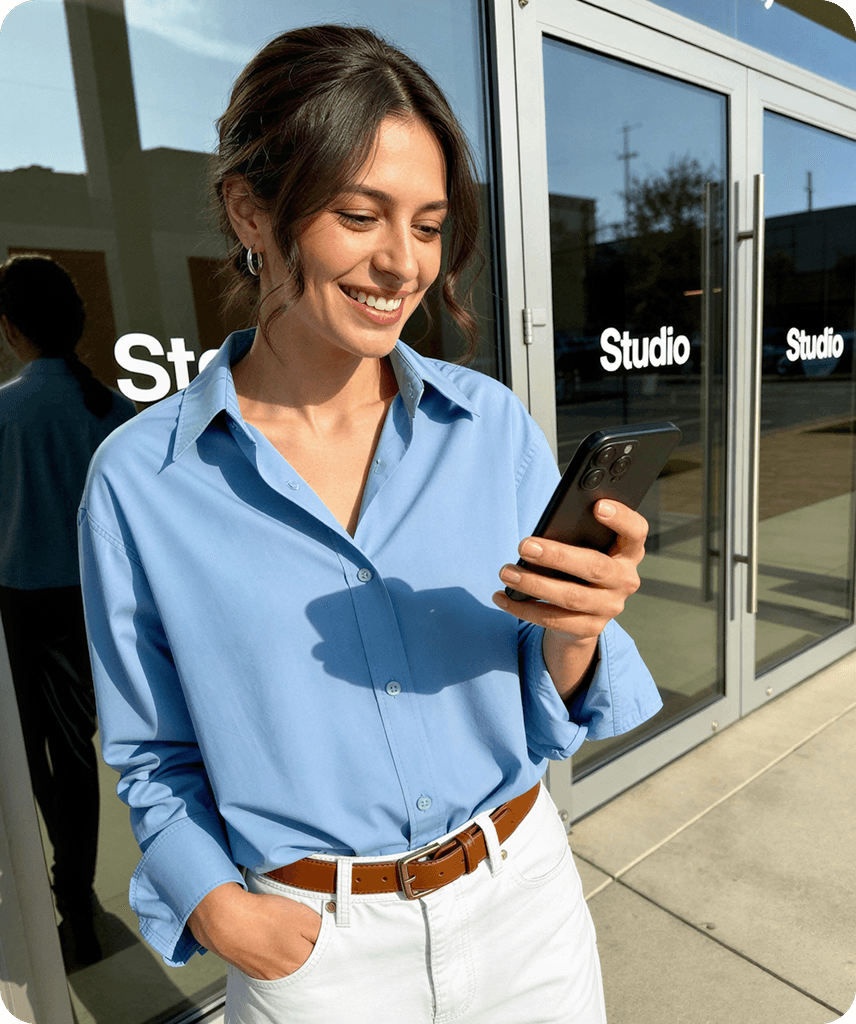 Ayesha using Syntra on her phone